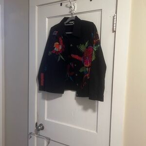 Laura Ashley Black Jean Jacket with Colorful Floral Embroidery